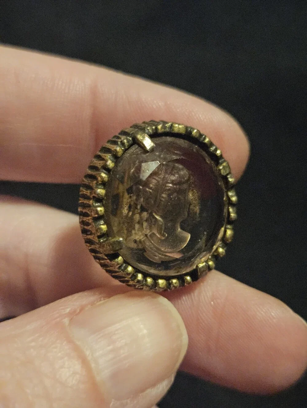 Antique Victorian Glass Intaglio Stickpin Neo Classical Cameo Head Gold Tone Pin